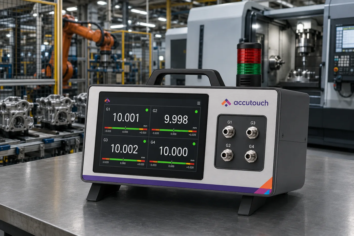 AccuTouch multi-channel gauging unit shown in a manufacturing environment